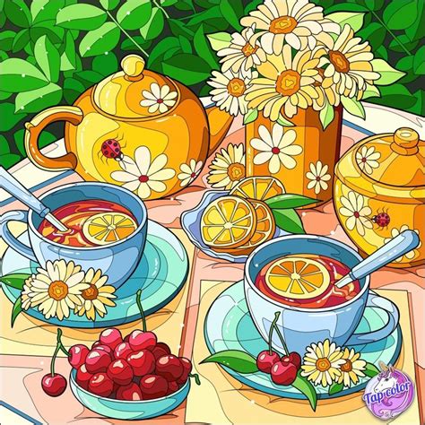 A Painting Of Tea And Lemons On A Table With Daisies Cherries And Flowers