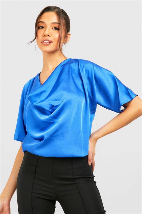 Cobalt Satin Cowl Neck Short Sleeve Blouse Boohoo Uk