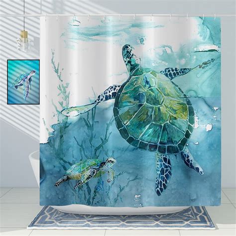 Sea Turtles Shower Curtain Ocean Themed Underwater Coral Teal Turtles