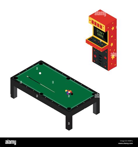 Game Room Concept Arcade Game Machine And Pool Billiard Table Isolated