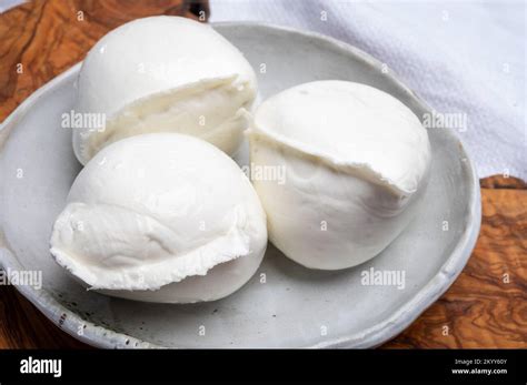 White Ball Of Italian Soft Cheese Mozzarella Di Bufala Campana Close Up