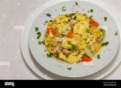 Traditional Italian Tortellini Capeletti Agnolini Soup With Chicken