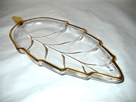 Vintage Clear Glass Leaf Shaped Candy Nut Dish Relish Gold Trim Haute Juice