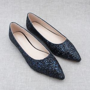 Navy Blue Rock Glitter Pointy Toe Flats With Oversized Satin Bow Fall