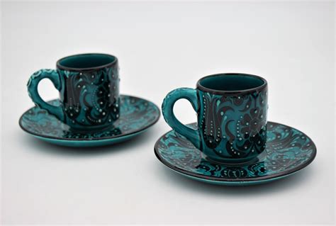 Hand Crafted Ceramic Turkish Coffee 2 Cup Set In Turquoise Design Nirvana