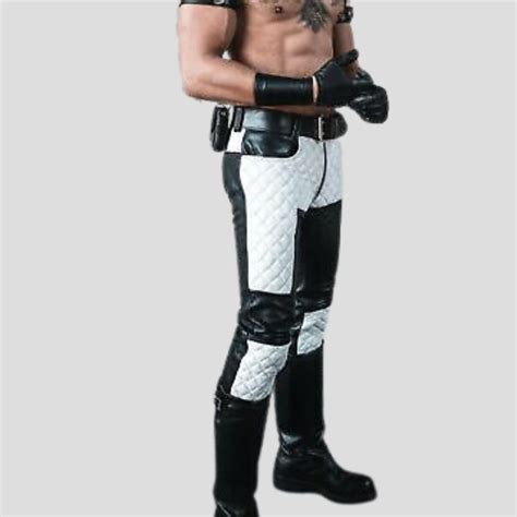 Men 100 Real Leather Bikers Pants Black And White Quilted Panels Bluf P Darkshadow Leathers