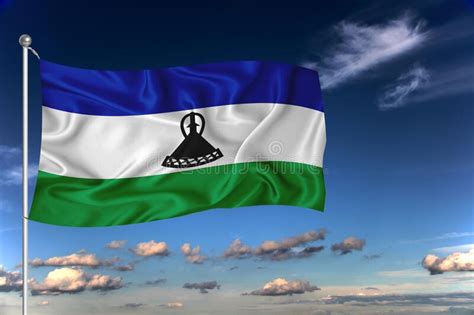 Bandera Que Agita De Lesotho Contra El Cielo Azul Con Rayos Solares