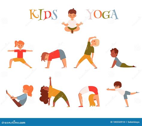 Set of Cartoon Kids in Yoga Poses, Small Children Doing Fitness Exercise, Stretching, Meditating ...