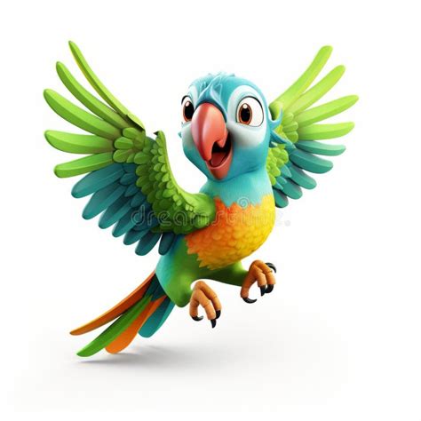 Vibrant Cartoon Parrot Flying With Photorealistic Renderings Stock