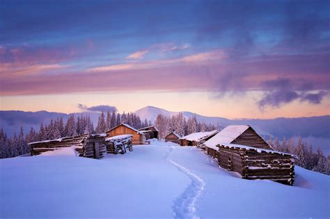 Winter Mountain Cabin Serenity 4K Ultra HD Wallpaper