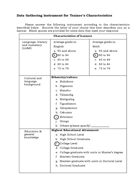 1 Data Gathering Instrument Pdf Learning Styles Learning