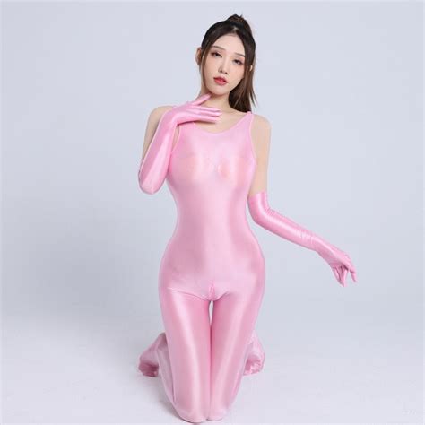 Dalia Pink Wet Look Spaghetti Strap Catsuit Satinylust