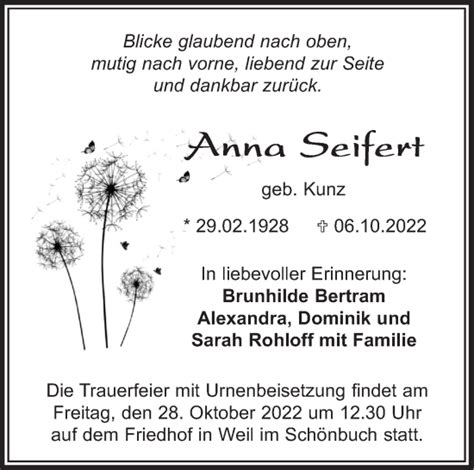 Traueranzeigen von Anna Seifert Kreiszeitung Böblinger Bote