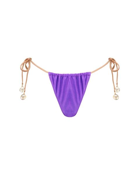 Purple Side Tie Ruched Thong Low Rise Bikini Bottom XS Vivien Vance