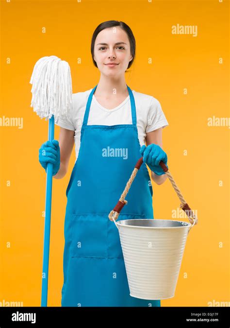 Beautiful Caucasian Cleaning Woman Standing And Holding Mop And Bucket