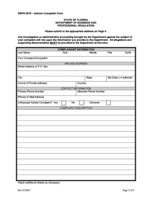 Fillable Online Dbpr Uniform Complaint Form Instructions Ci