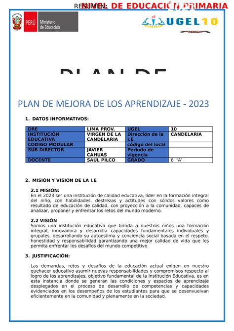 Plan De Mejora Sexto Grado 1 Datos Informativos Dre Lima Prov Ugel 10 InstituciÓn