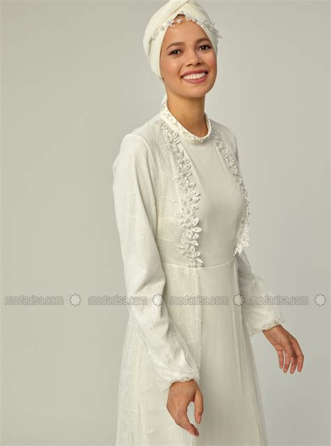 White Ecru Fully Lined Polo Neck Muslim Evening Dress