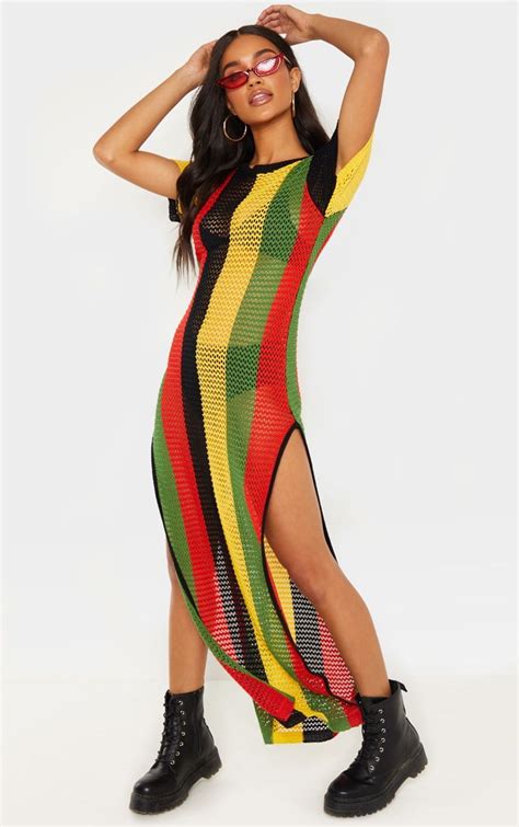 Rasta Stripe Detail Ladder Knitted Midaxi Dress Rasta Clothes Womens