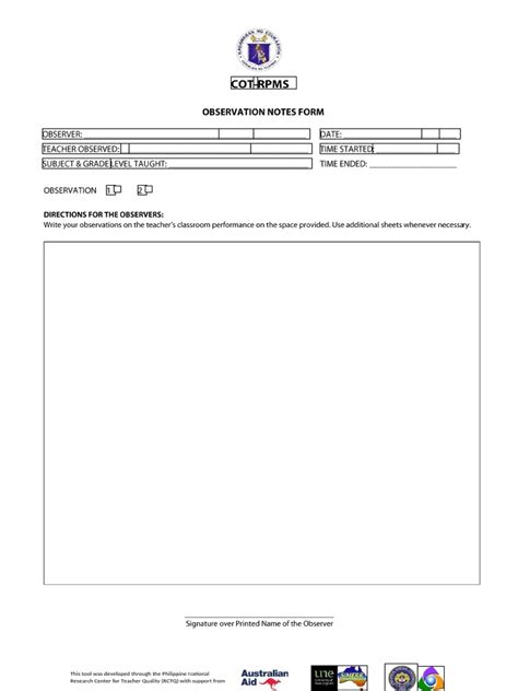 Cot Rpms Observation Notes Form Pdf