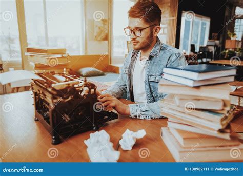 Text Writer Working On Typewriter Sits At Desk Stock Image Image Of