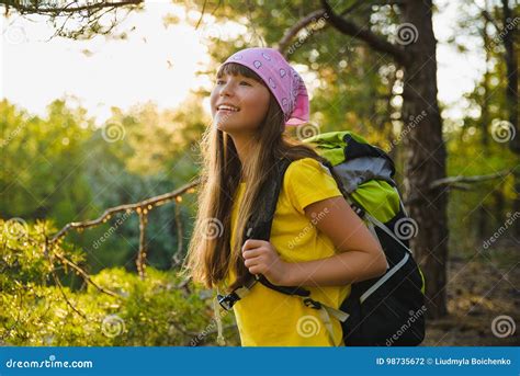 Girl Traveler With Backpack In Hill Forest Adventure Travel Tourism