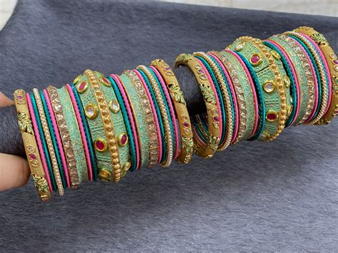 Kundan Bangle Set Handpainted Work On Bangles Can Be Etsy