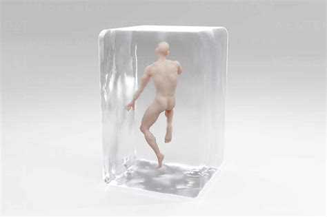 Three Dimensional Render Of Naked Man Encased In Cryogenic Block Stock