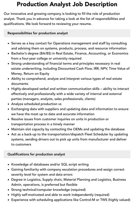 Production Analyst Job Description Velvet Jobs