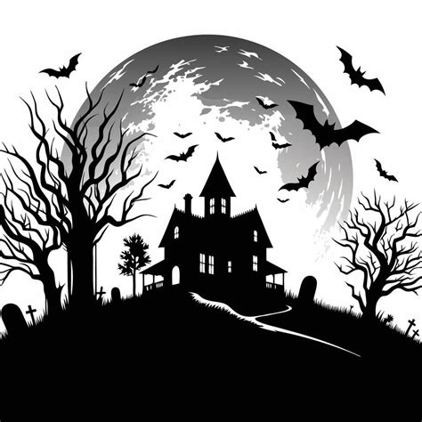 Black and white haunted house with bats and full moon illustration ...