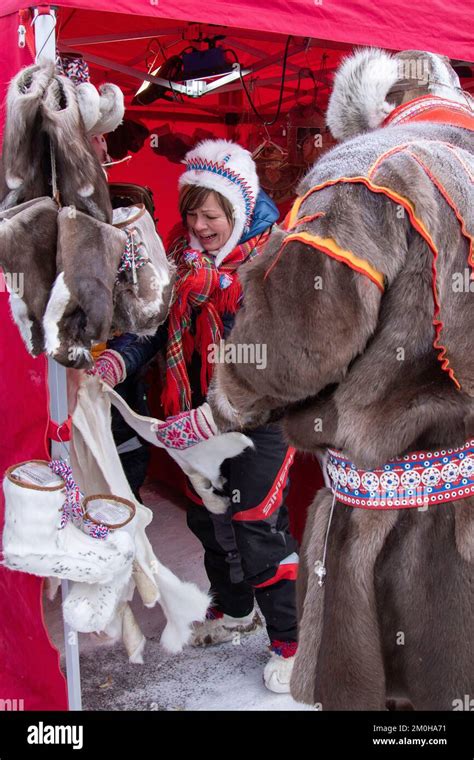 Sweden Norbotten County Jokkmokk Sami Buying Fur Boots During The