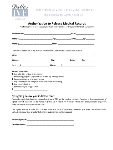 Fillable Online Medical Records Release Authorization Media Dallasivf