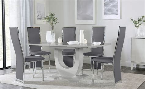 Oslo Grey High Gloss Extending Dining Table With Celeste Grey Leather