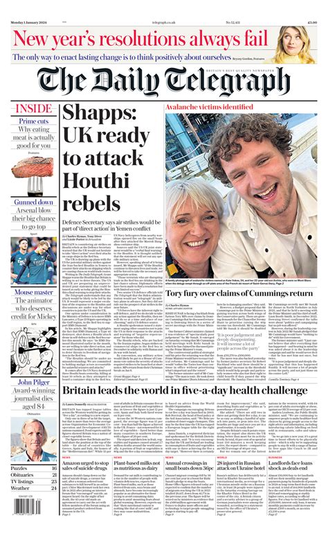 Daily Telegraph Front Page 1st Of January 2024 Tomorrow S Papers Today