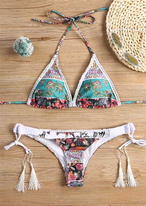 Printed Lace Splicing Bikini Set Without Necklace Fairyseason