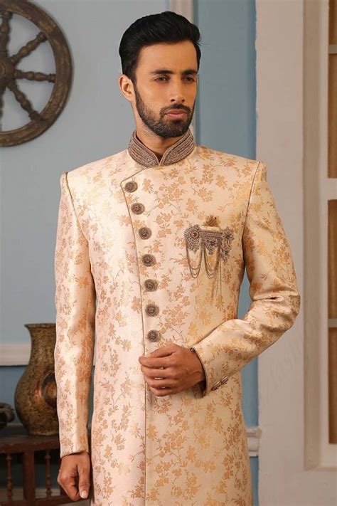 Angrakha Style Jacquard Silk Sherwani In Rose Gold Colour ROYALPOSHAK