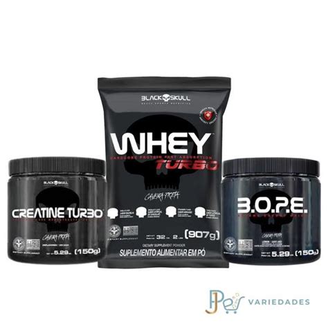 Kit Black Skull Whey Turbo 907g Creatina Turbo 150g Bope 150g