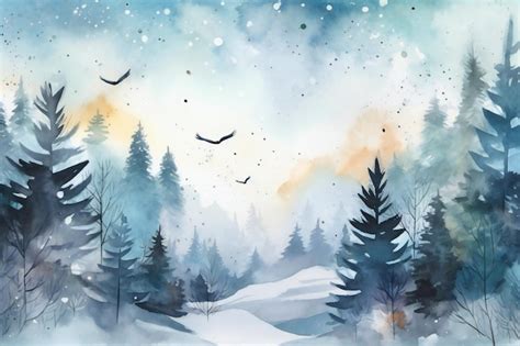 Premium Photo | A watercolor painting of a snowy landscape with trees ...