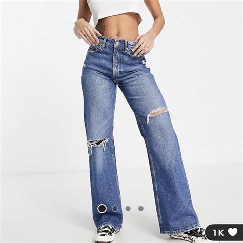 Bershka 90s Clean Wide Leg Jeans In Mid Blue Size Depop