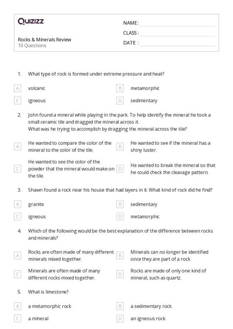 50 Minerals And Rocks Worksheets For 4th Grade On Quizizz Free And Printable