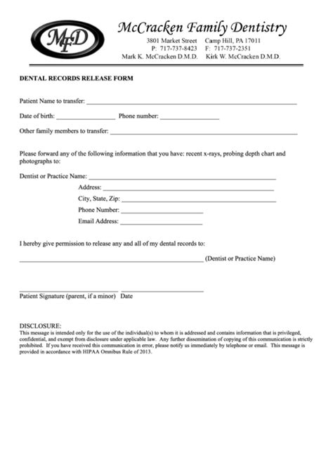 Printable Dental Records Release Form