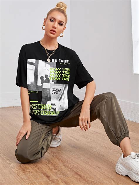 Drop Shoulder Letter Figure Graphic Longline Tee Shein Usa Tee