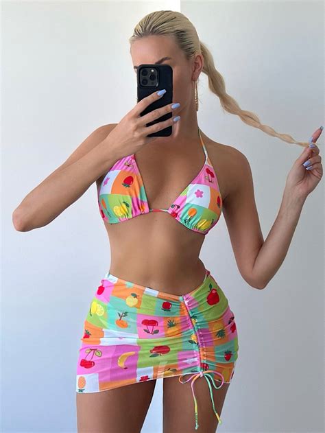 3 piezas Bañador bikini triángulo halter floral al azar con estampado