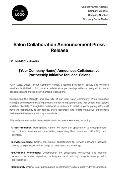 Free Salon Collaboration Announcement Press Release Template Edit