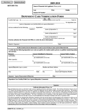 Fillable Online Collegeofsanmateo Dependent Care Verification Form