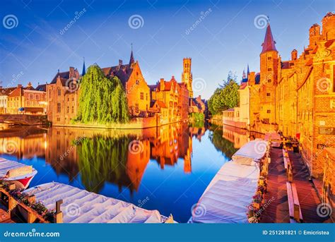 Bruges Belgium Rozenhoedkaai Illuminated At Night Old Town With