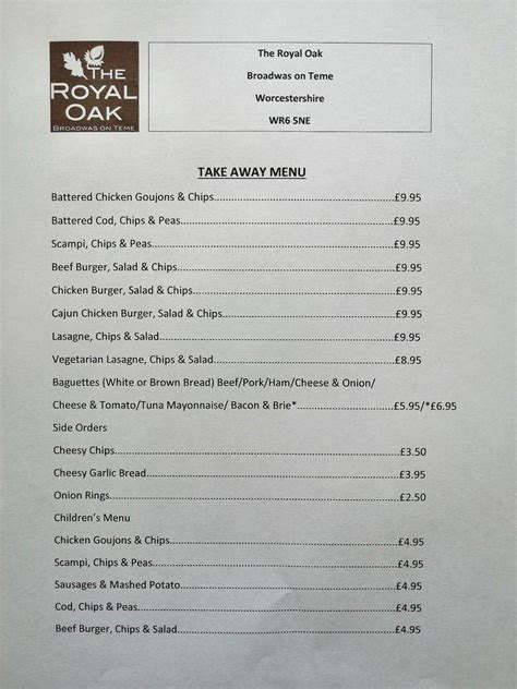 Menu at The Royal Oak pub & bar, Broadwas, On The A44 Between Worcester And Bromyard