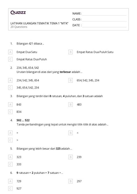 50 Lembar Kerja Menulis Angka Tiga Digit Untuk Kelas 8 Di Quizizz