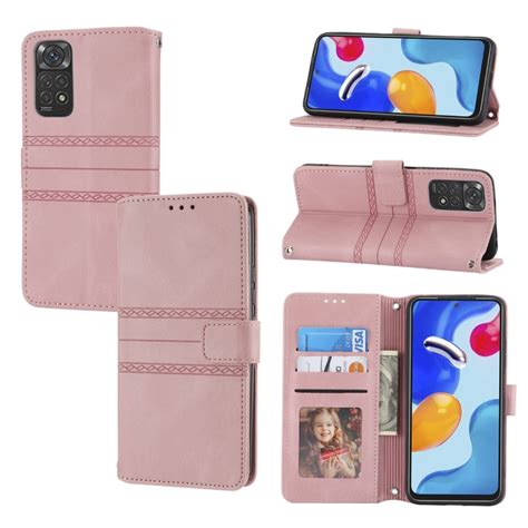 สำหรับ Xiaomi Redmi Note 11e ลายเส้นผมลายเส้นขอบลายเส้นแนวแนวนอน Flip Phone Leather สีชมพู