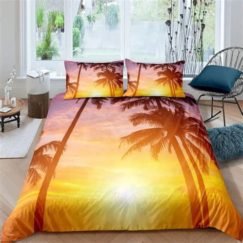 Tropical Coconut Tree King Duvet Cover Surfboard Palm Leaf Bedding Set